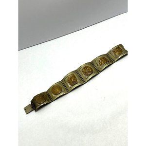 Vintage Sterling Silver Mexico Storyteller Two Tone Panel Link Bracelet